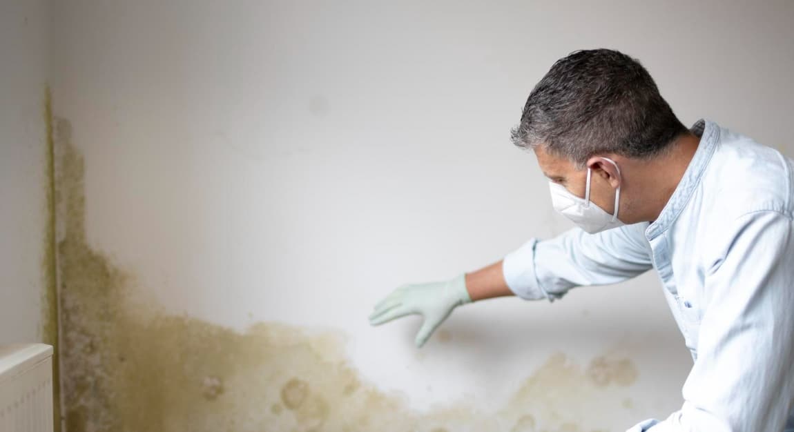 Photo d'un homme portant un masque de protection montrant les moisissures dans un appartement