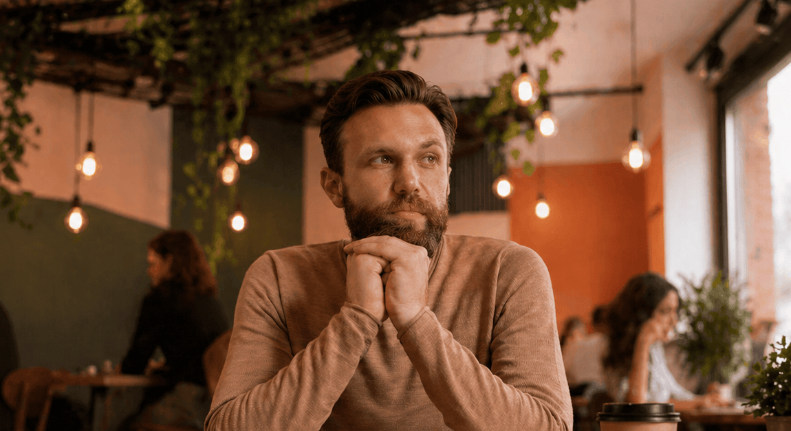 Photo d'un homme pensif dans un café parisien